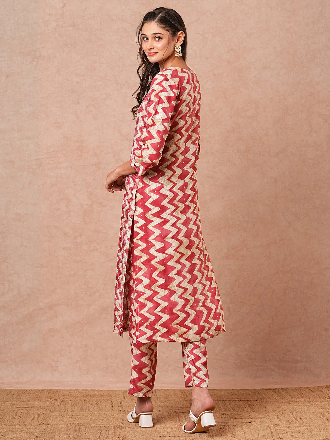 Ethnic Chevron Printed & Sequin Embroidered Straight Fit Kurta with Pant - Magenta