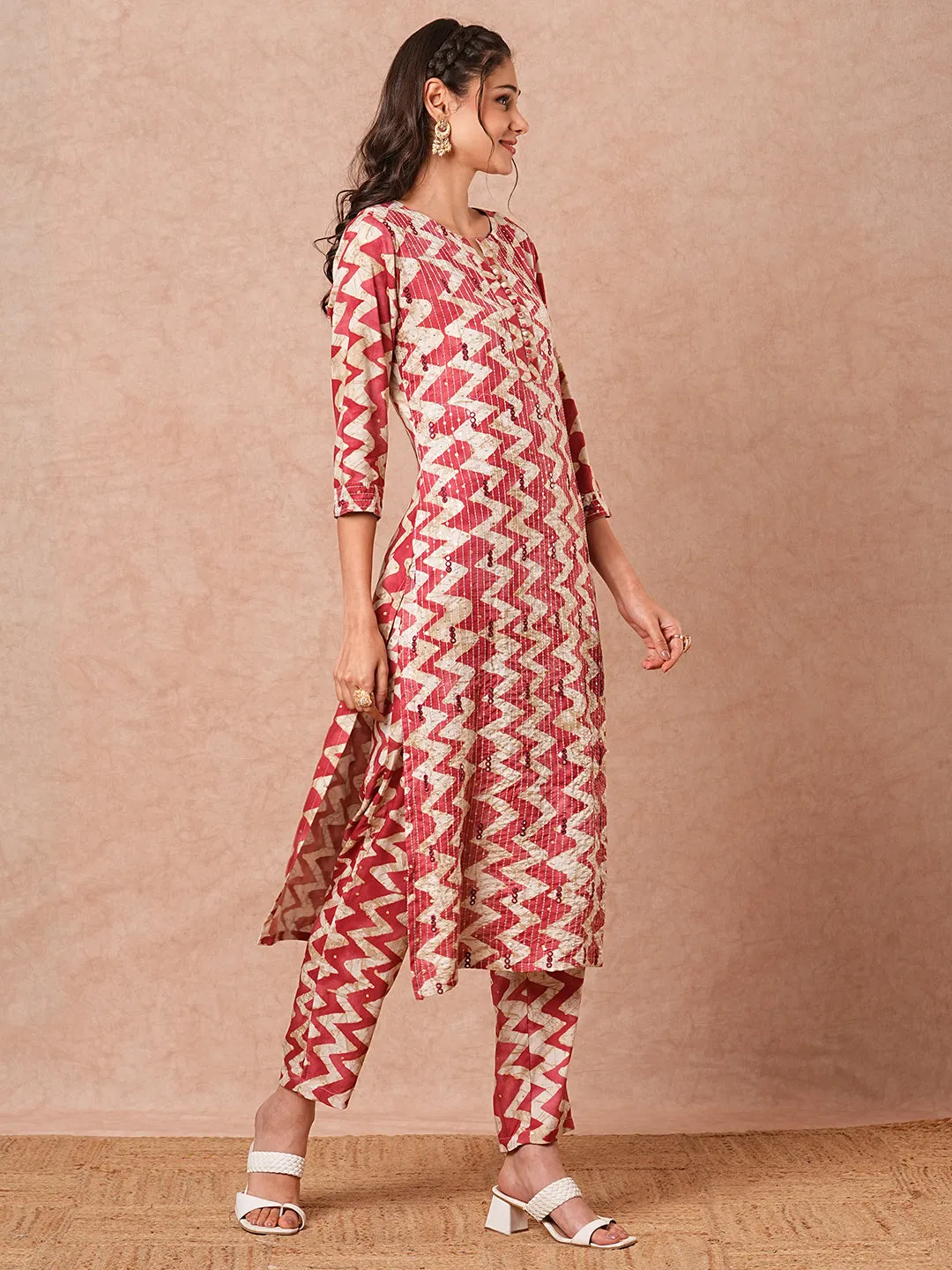 Ethnic Chevron Printed & Sequin Embroidered Straight Fit Kurta with Pant - Magenta