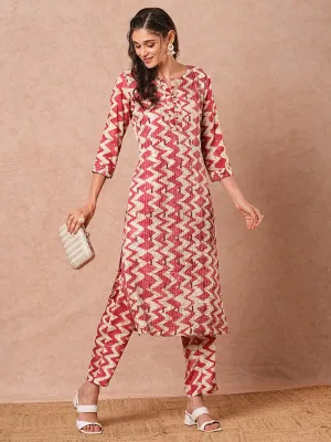 Ethnic Chevron Printed & Sequin Embroidered Straight Fit Kurta with Pant - Magenta