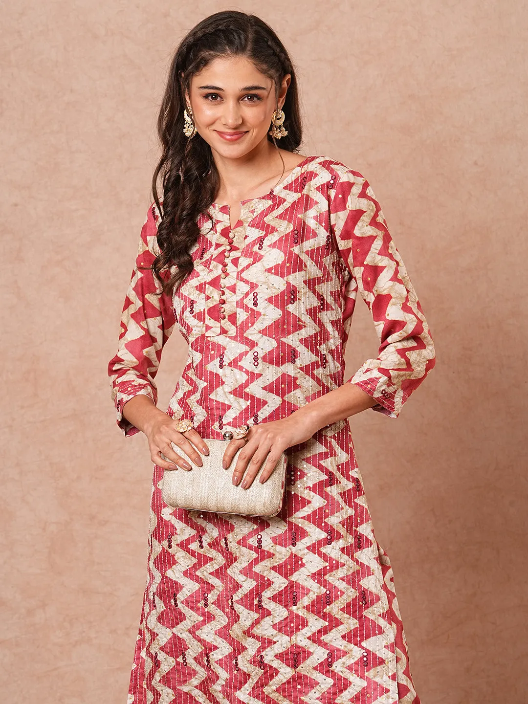 Ethnic Chevron Printed & Sequin Embroidered Straight Fit Kurta with Pant - Magenta