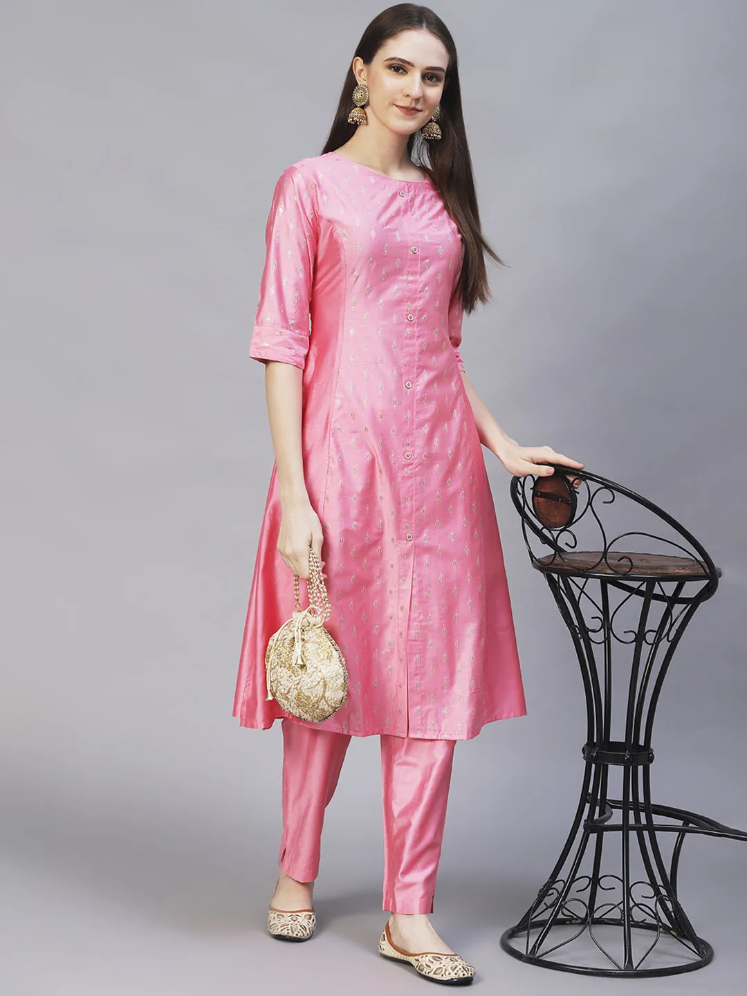 Ethnic Embroidered A-Line Flare Kurta with Pants - Pink