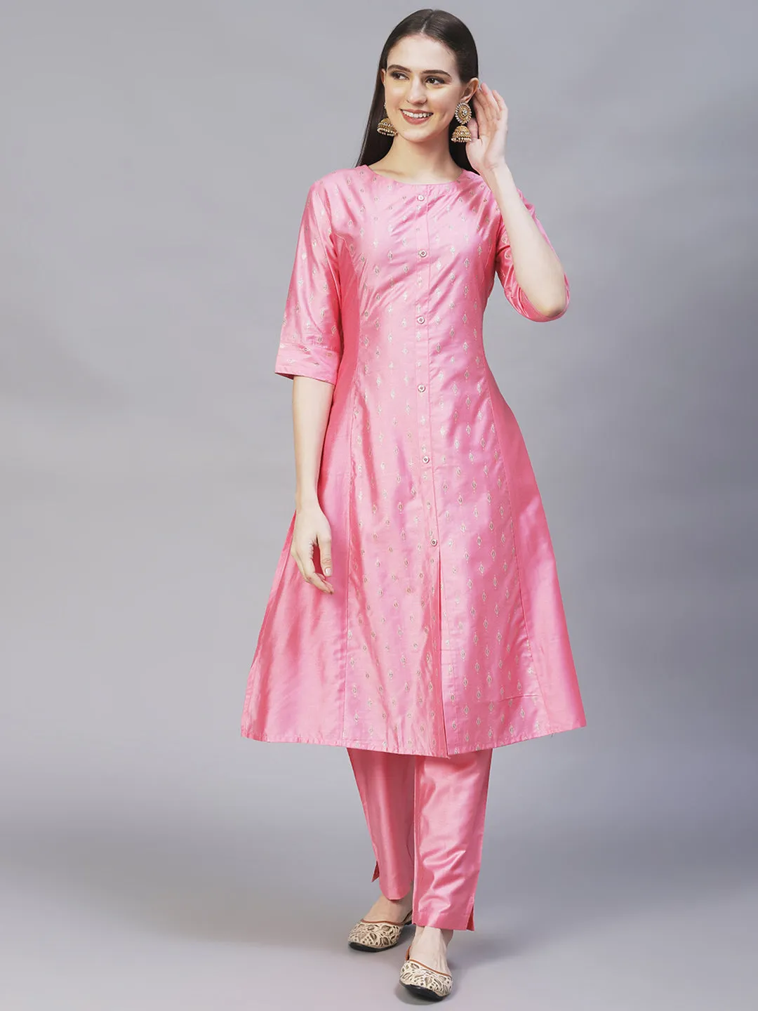 Ethnic Embroidered A-Line Flare Kurta with Pants - Pink