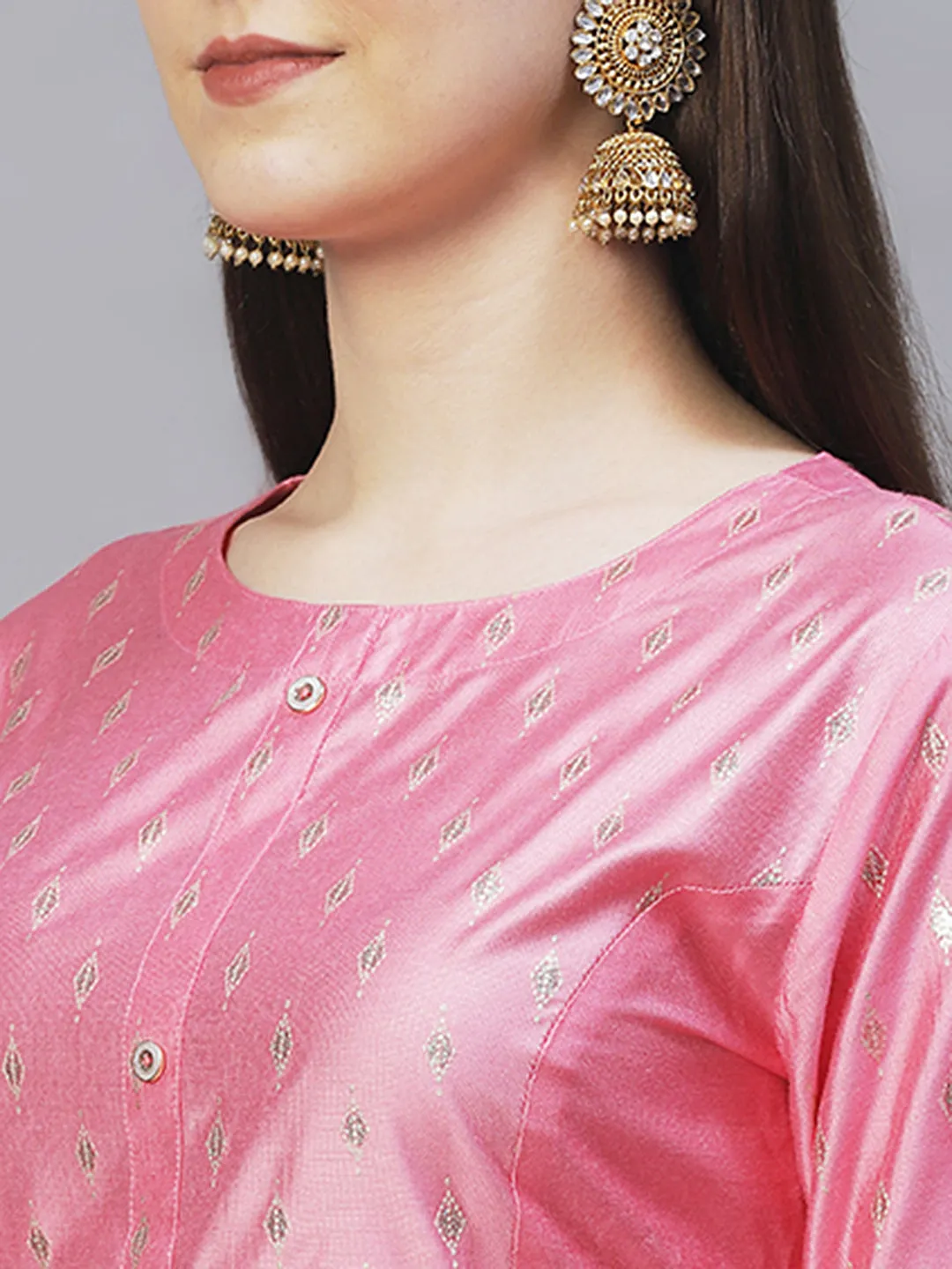 Ethnic Embroidered A-Line Flare Kurta with Pants - Pink