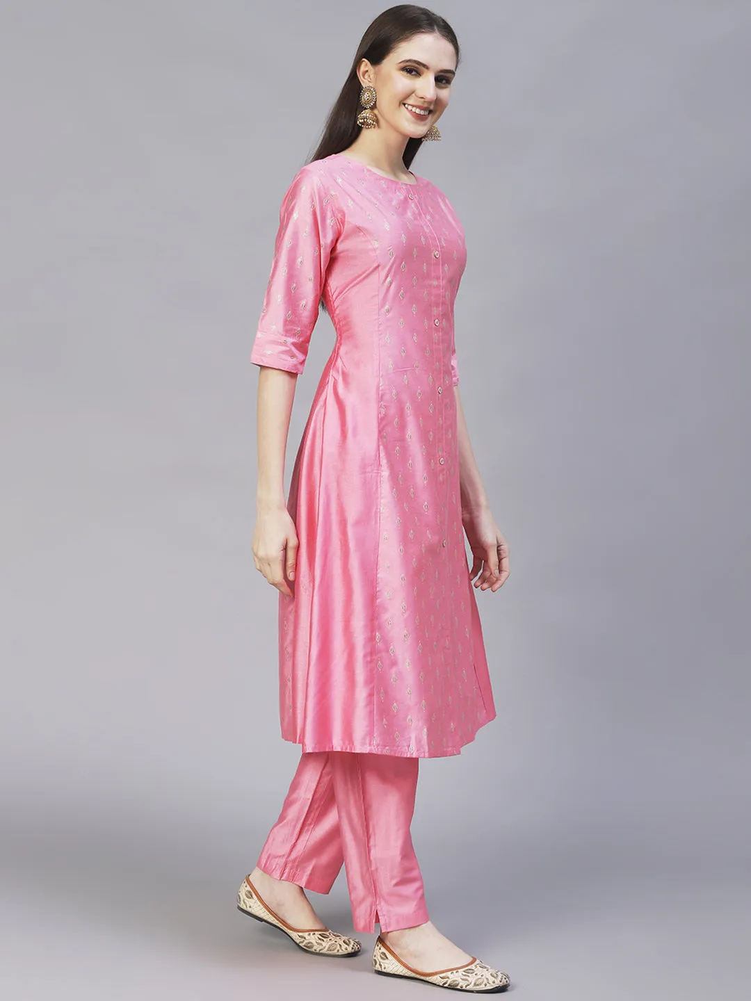 Ethnic Embroidered A-Line Flare Kurta with Pants - Pink