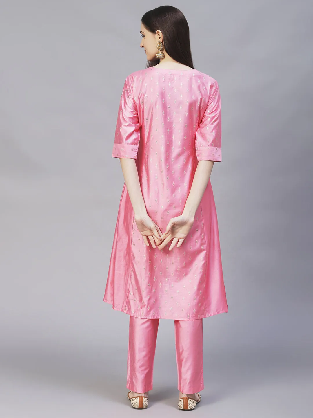 Ethnic Embroidered A-Line Flare Kurta with Pants - Pink