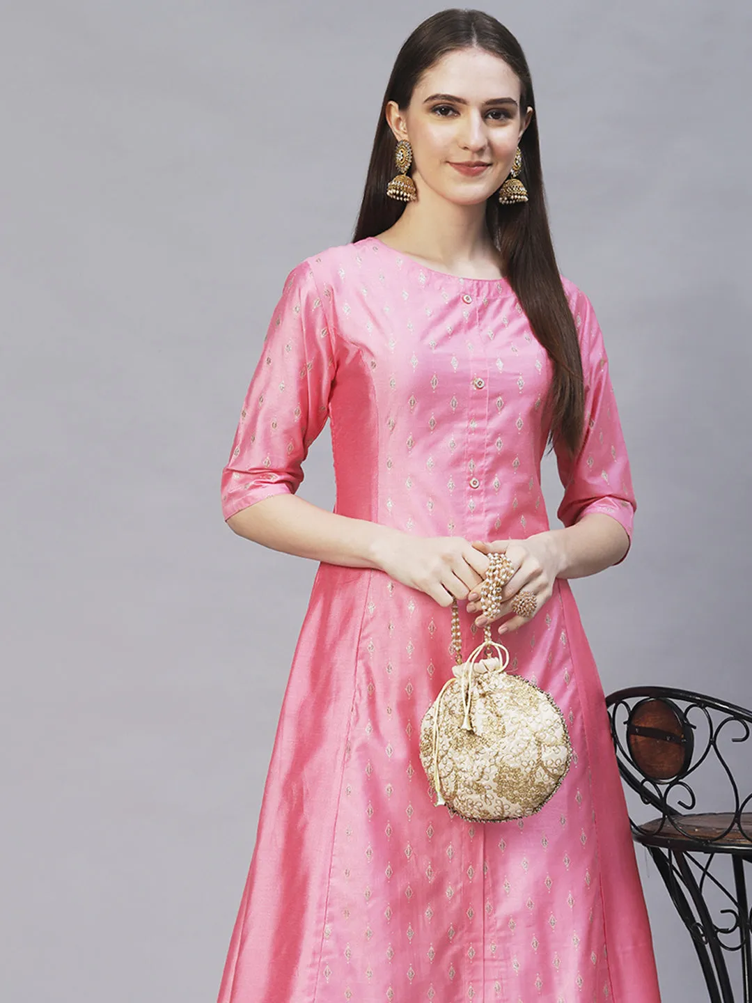 Ethnic Embroidered A-Line Flare Kurta with Pants - Pink