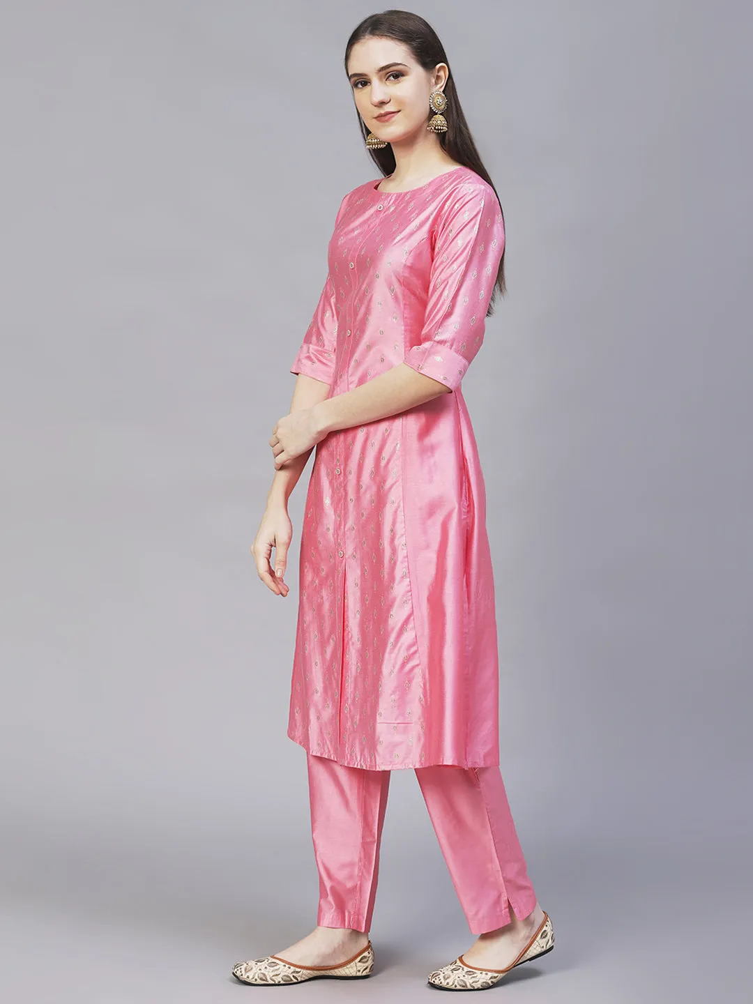 Ethnic Embroidered A-Line Flare Kurta with Pants - Pink