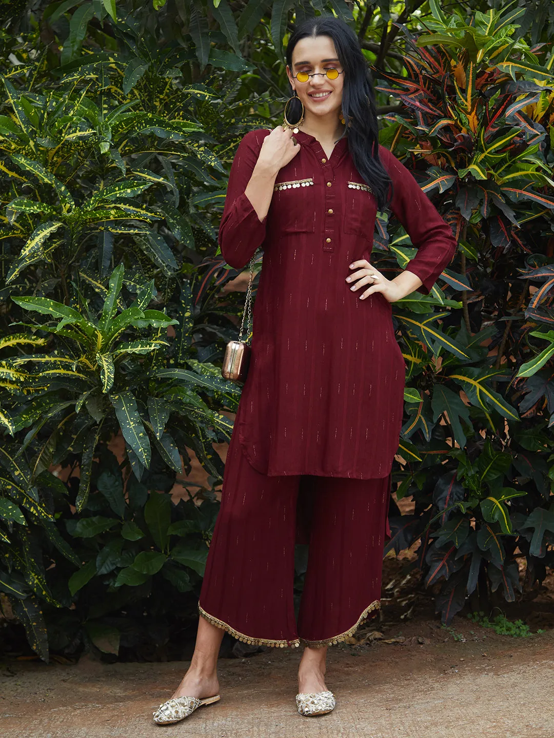 Ethnic Embroidered Co-ord Set - Maroon