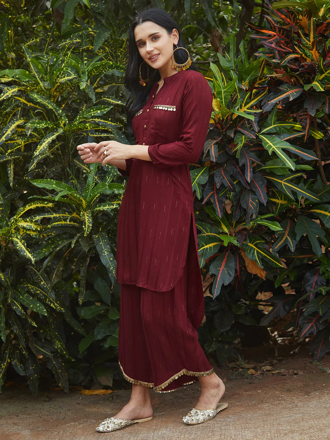 Ethnic Embroidered Co-ord Set - Maroon