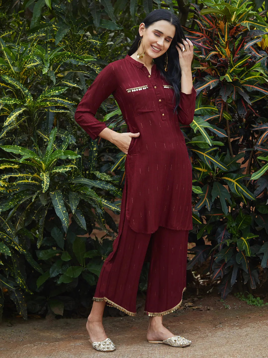 Ethnic Embroidered Co-ord Set - Maroon