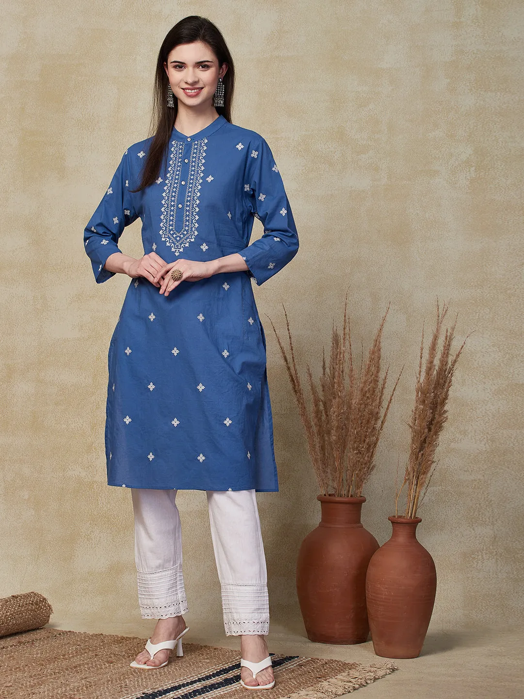 Ethnic Embroidered Straight Fit Kurta - Blue