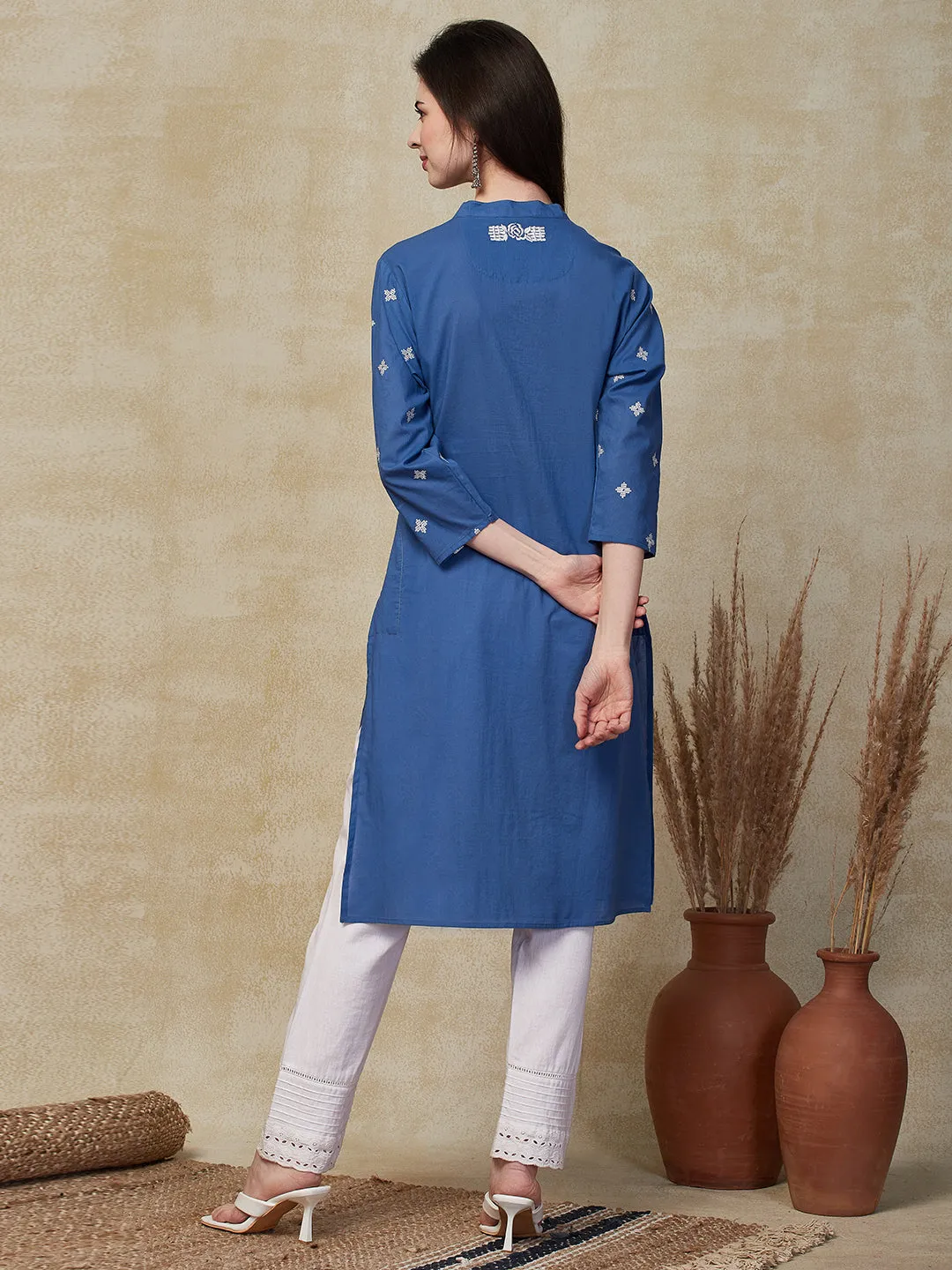 Ethnic Embroidered Straight Fit Kurta - Blue