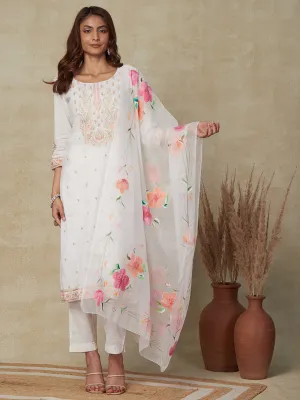 Ethnic Embroidered Straight Kurta with Pant & Hand Painted Dupatta - White