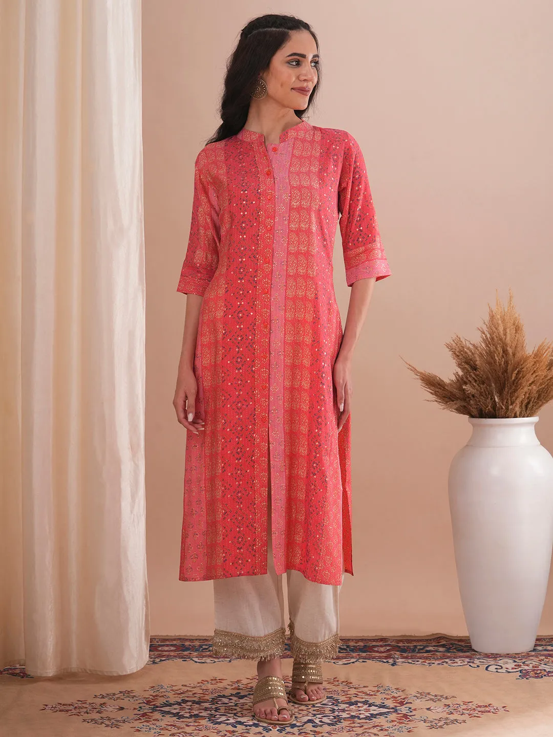 Ethnic Floral Foil Printed Straight Fit Kurta - Pink