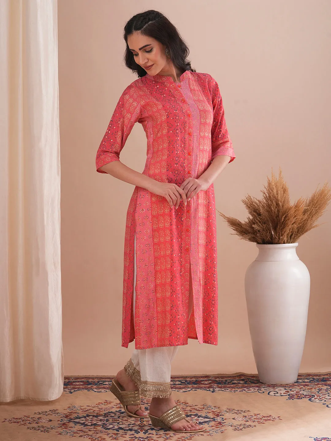 Ethnic Floral Foil Printed Straight Fit Kurta - Pink