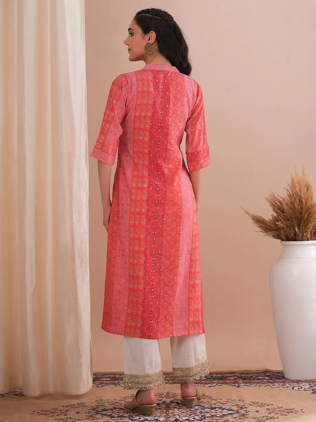 Ethnic Floral Foil Printed Straight Fit Kurta - Pink