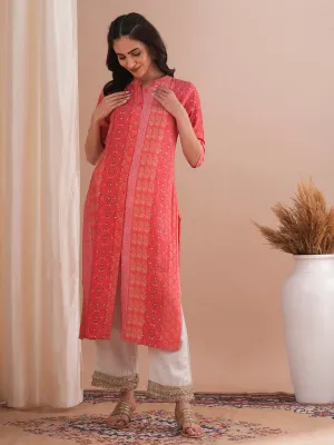 Ethnic Floral Foil Printed Straight Fit Kurta - Pink