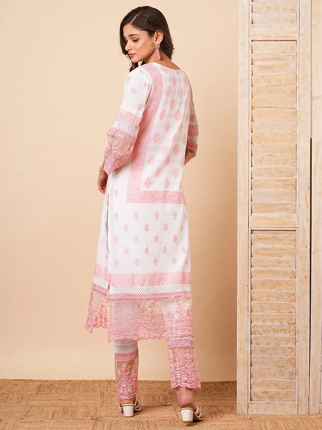 Ethnic Floral Jacquard Straight Fit Kurta with Pant - Off White