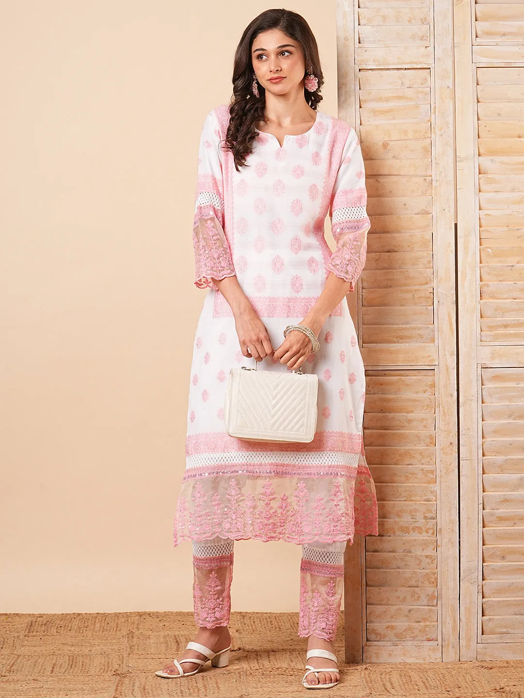 Ethnic Floral Jacquard Straight Fit Kurta with Pant - Off White