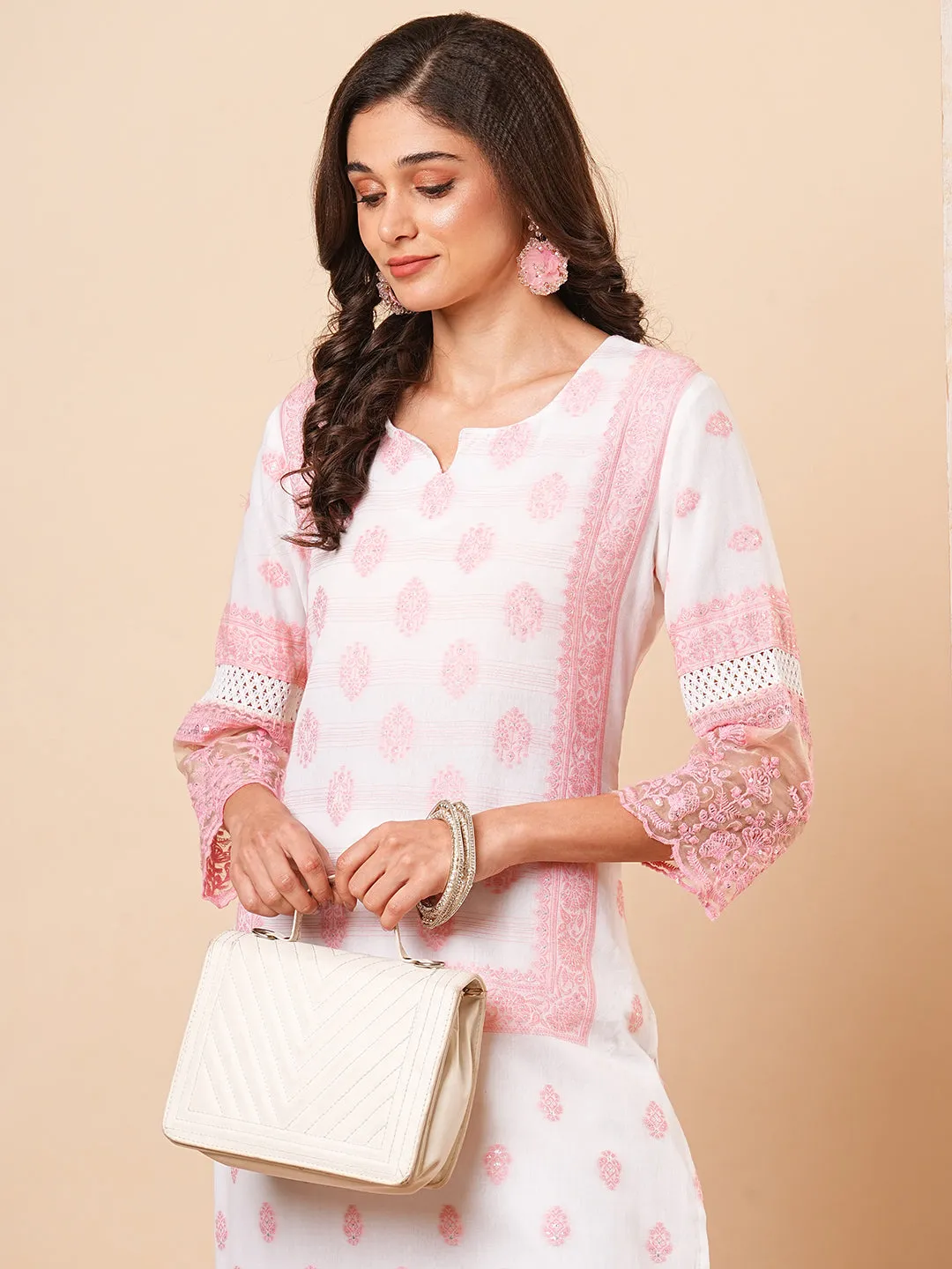 Ethnic Floral Jacquard Straight Fit Kurta with Pant - Off White