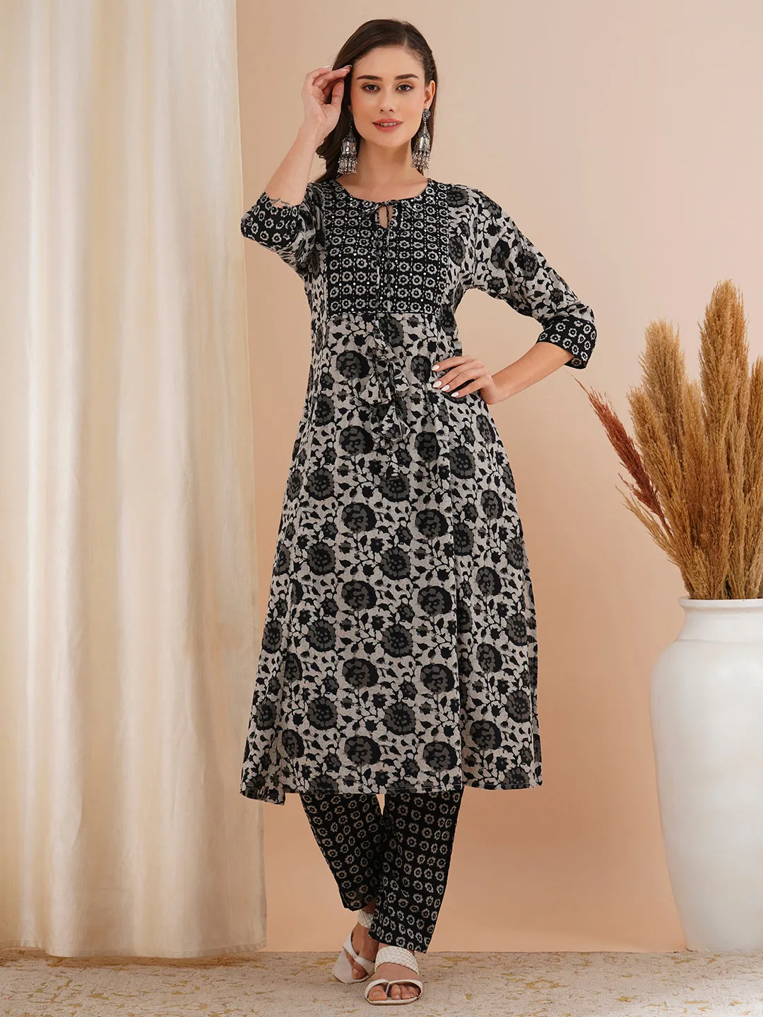 Ethnic Floral Printed & Embroidered A-Line Kurta with Pant - Grey