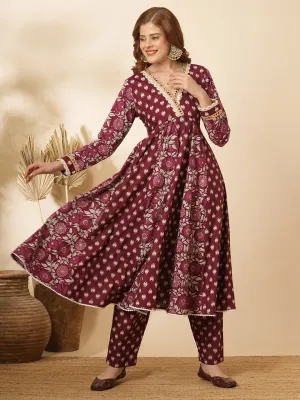 Ethnic Floral Printed & Embroidered Anarkali Flared Kurta with Pant - Burgundy