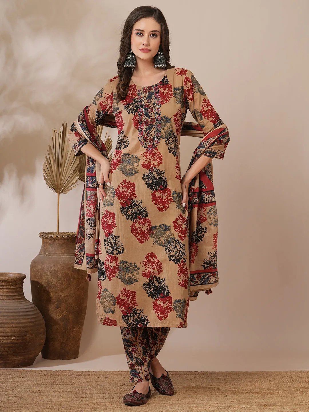 Ethnic Floral Printed & Embroidered Straight Fit Kurta with Pant & Dupatta - Camel Brown