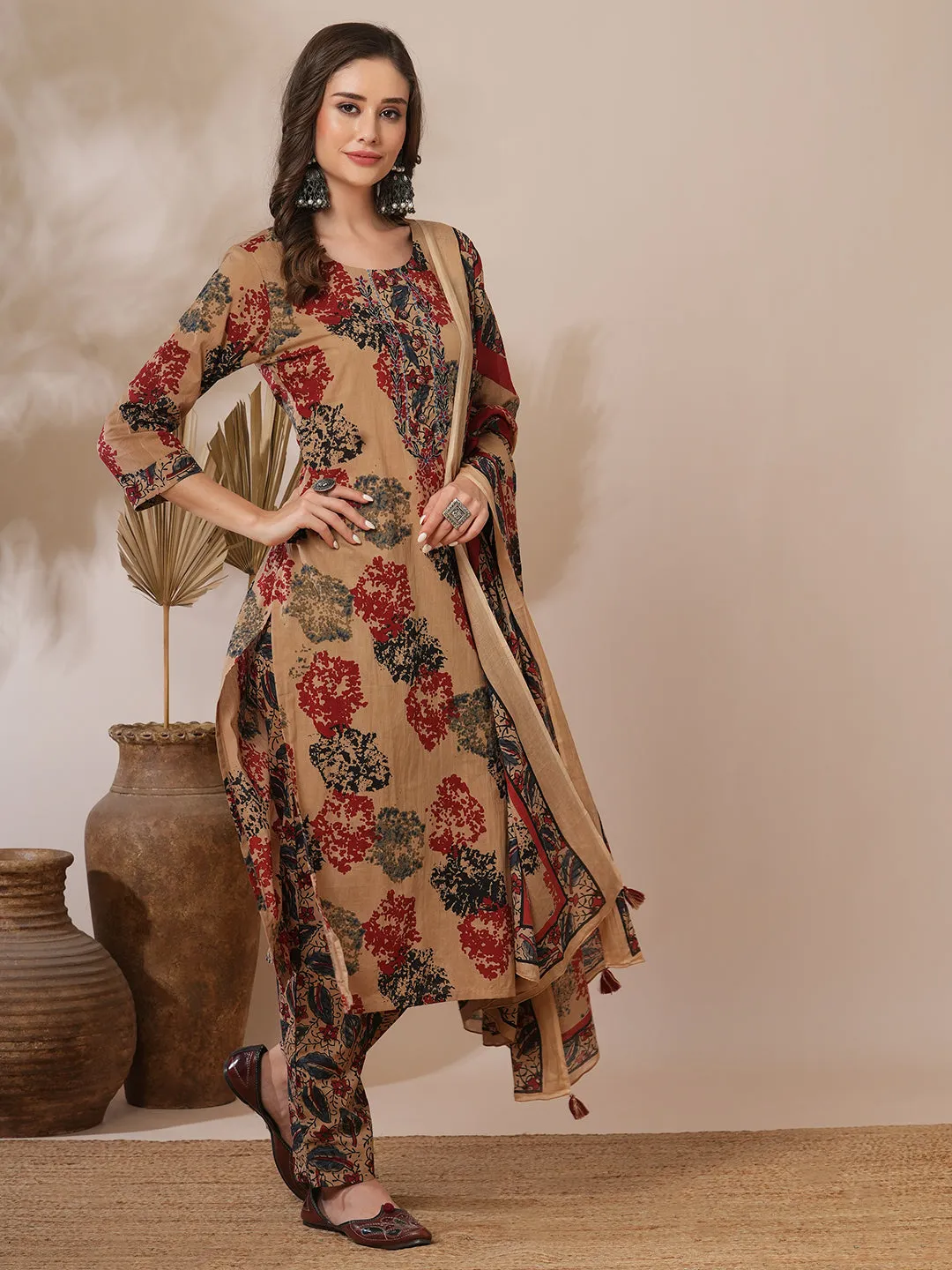 Ethnic Floral Printed & Embroidered Straight Fit Kurta with Pant & Dupatta - Camel Brown