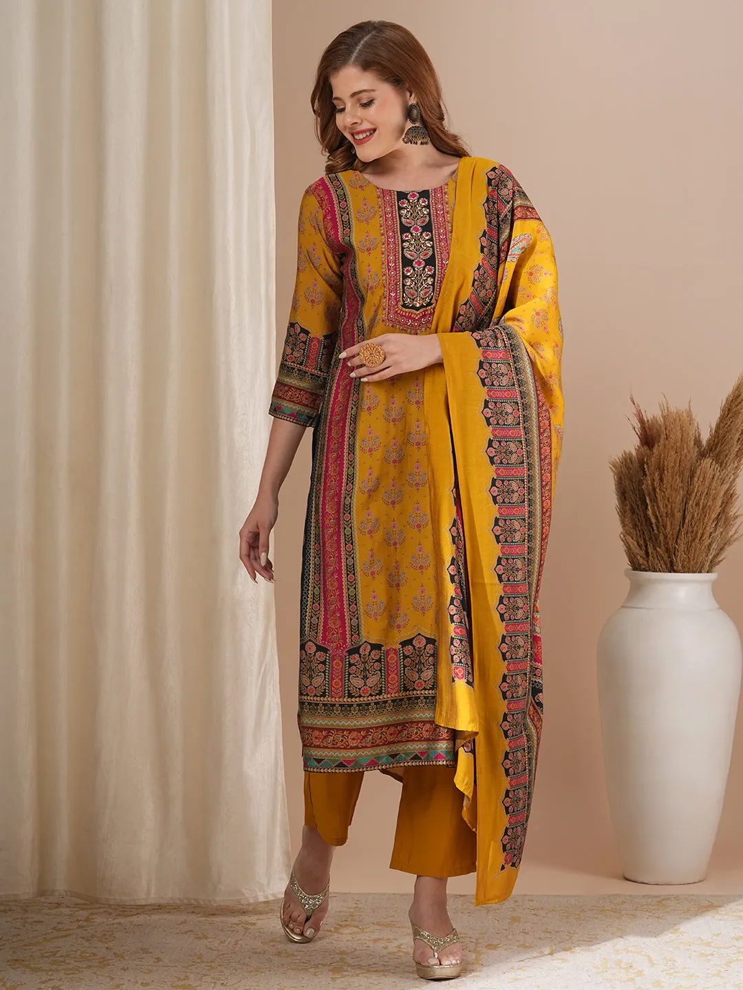 Ethnic Floral Printed & Hand Embroidered Straight Kurta with Pant & Dupatta - Mustard