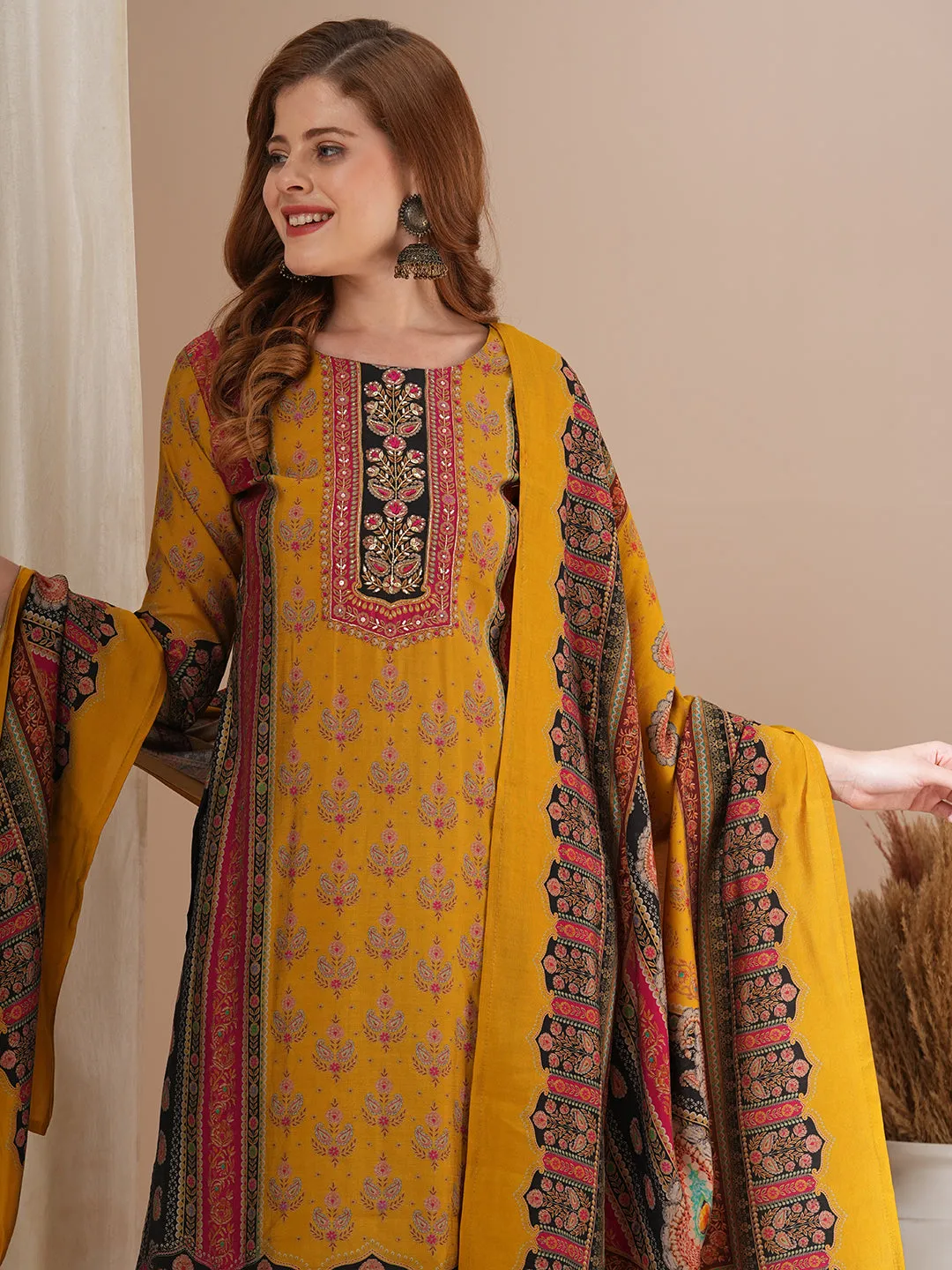 Ethnic Floral Printed & Hand Embroidered Straight Kurta with Pant & Dupatta - Mustard