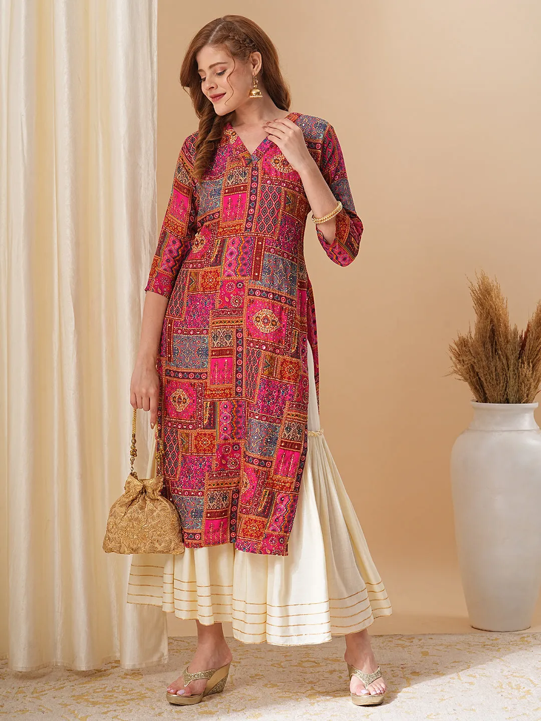 Ethnic Floral Printed & Kantha Embroidered Straight Fit Kurta - Pink