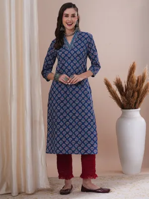 Ethnic Floral Printed & Sequin Embroidered Straight Fit Kurta - Blue