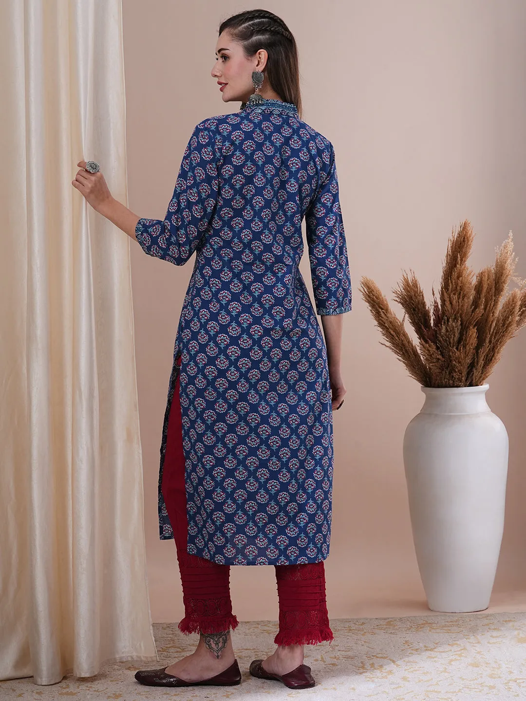 Ethnic Floral Printed & Sequin Embroidered Straight Fit Kurta - Blue