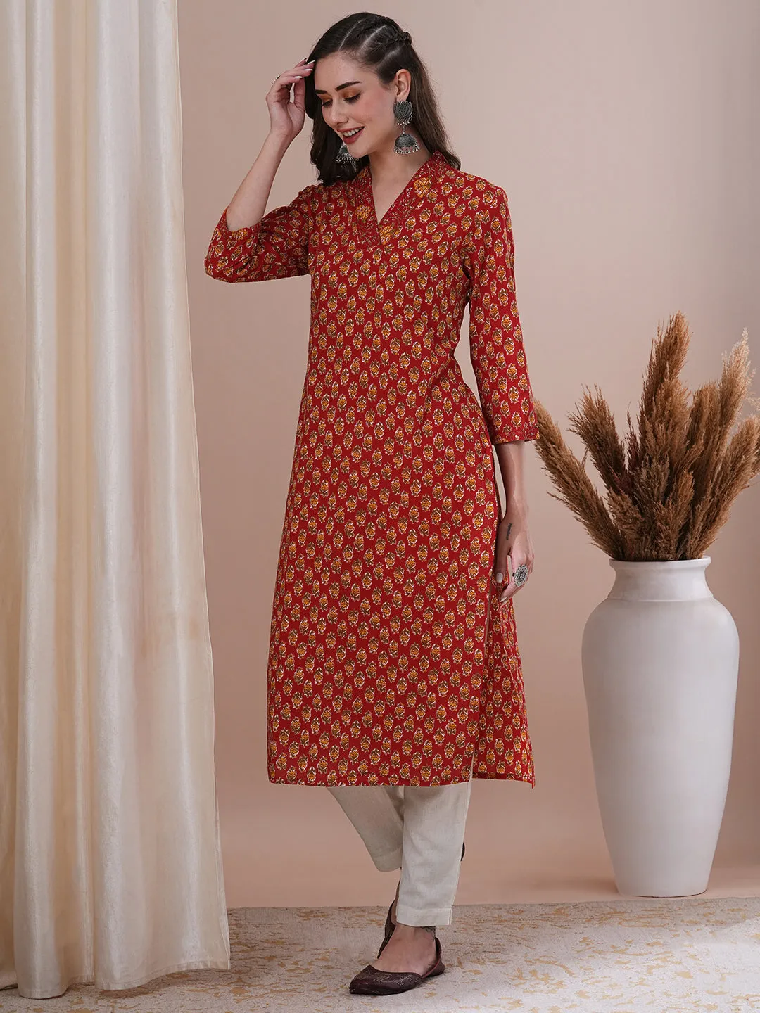 Ethnic Floral Printed & Sequin Embroidered Straight Fit Kurta - Red