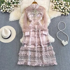 Fashionable long-sleeved A-line lace dress elegant long dress     S4403