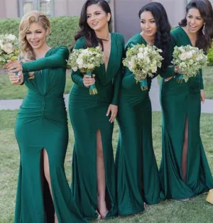 Fashionable V Neck Mermaid Green Maid Of Hornor Dress | Long Sleeves Green Bridesmaid Dress With Slit