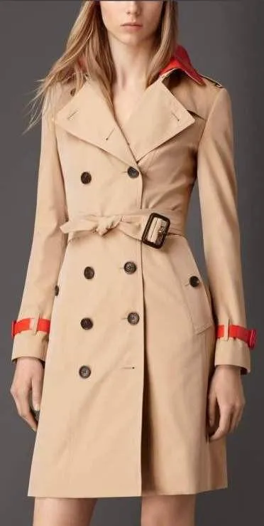 Faux-Leather Trim Trench Coat in Beige with Red Trim