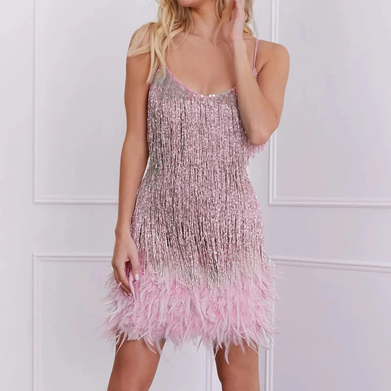 Feathered Spaghetti Strap Sexy Fashionable Stitched Mini Elegant Club Casual Sequined Dress