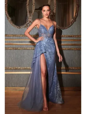 Fit and Flare Glitter Print Gown with Side Peplum/Paris blue