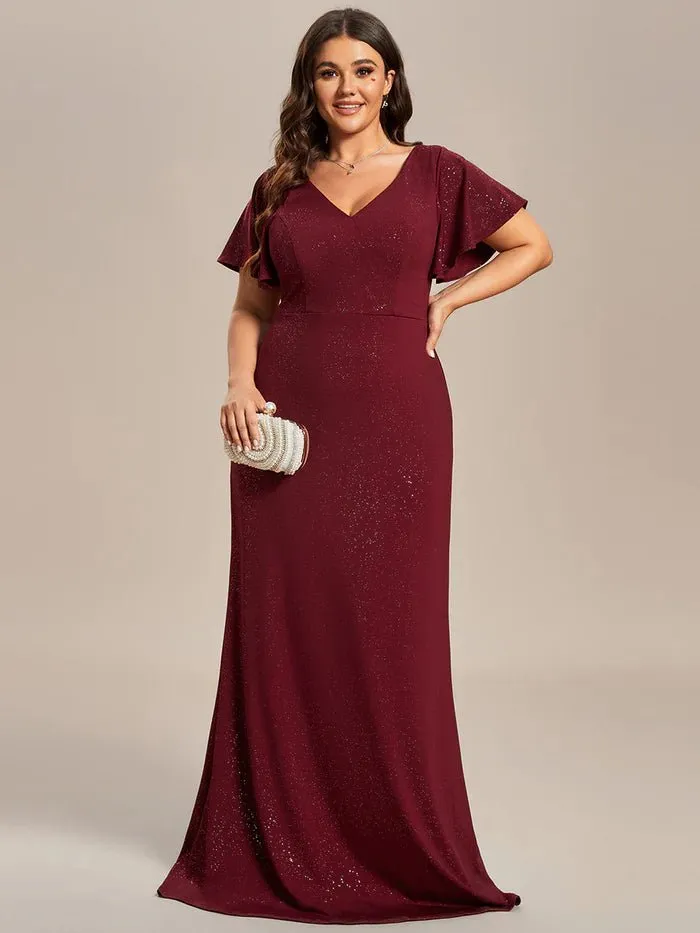 Floor Length Shiny Evening Dress With Ruffle Sleeves