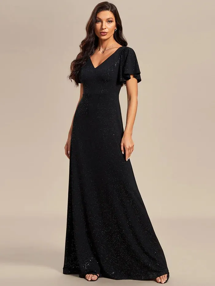 Floor Length Shiny Evening Dress With Ruffle Sleeves