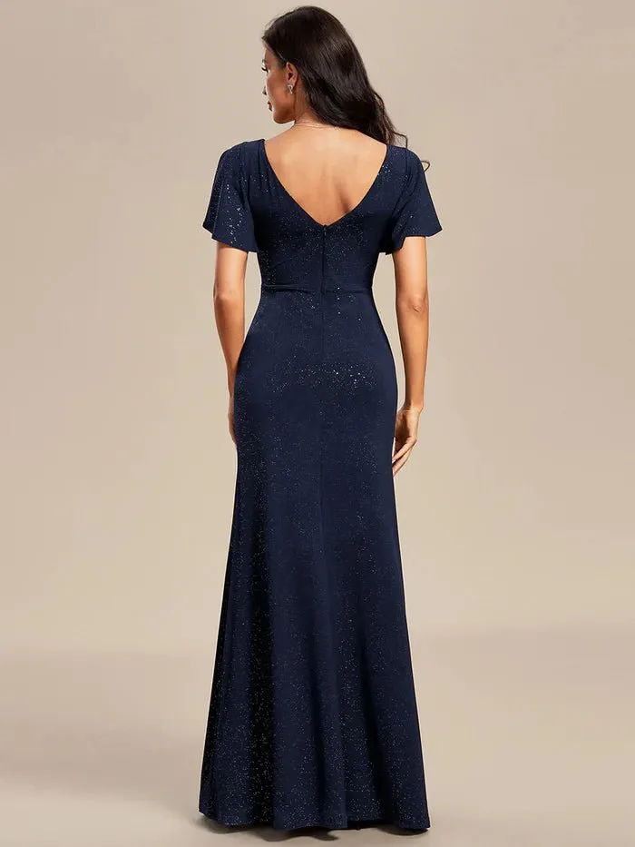 Floor Length Shiny Evening Dress With Ruffle Sleeves