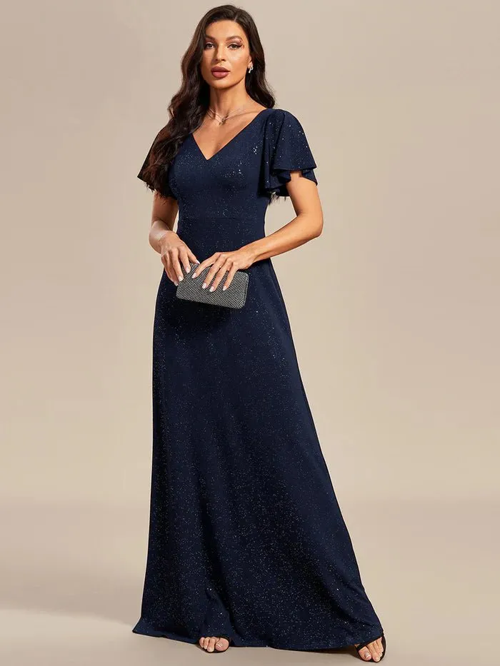 Floor Length Shiny Evening Dress With Ruffle Sleeves