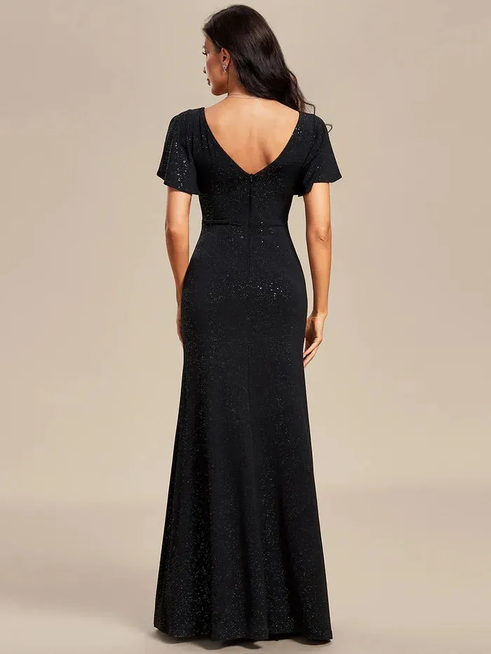 Floor Length Shiny Evening Dress With Ruffle Sleeves