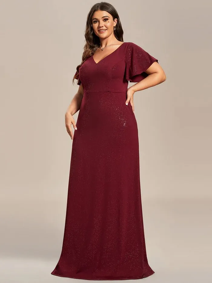 Floor Length Shiny Evening Dress With Ruffle Sleeves