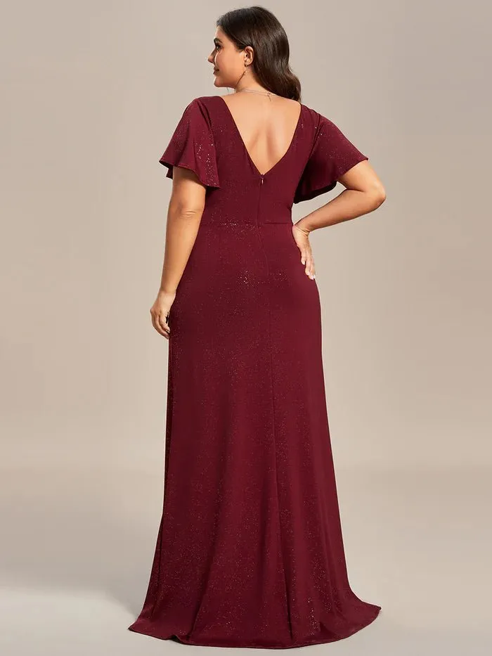 Floor Length Shiny Evening Dress With Ruffle Sleeves