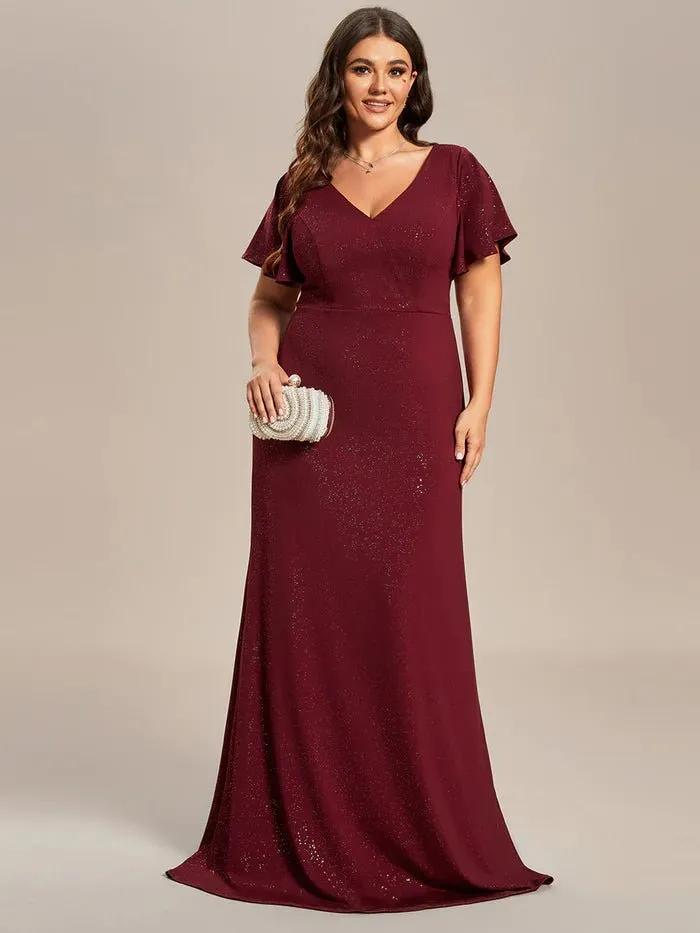 Floor Length Shiny Evening Dress With Ruffle Sleeves