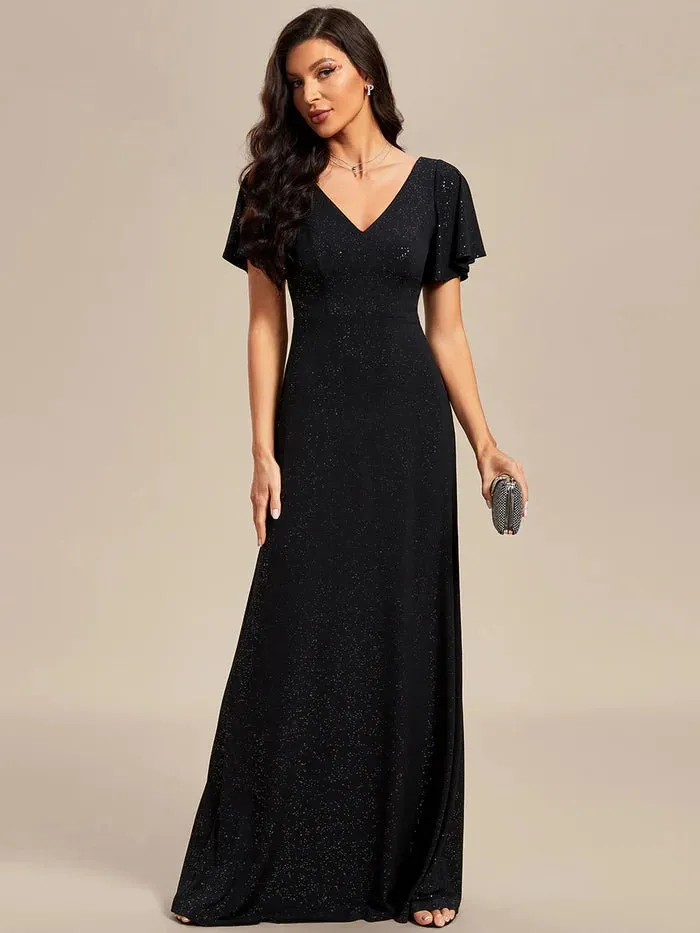 Floor Length Shiny Evening Dress With Ruffle Sleeves