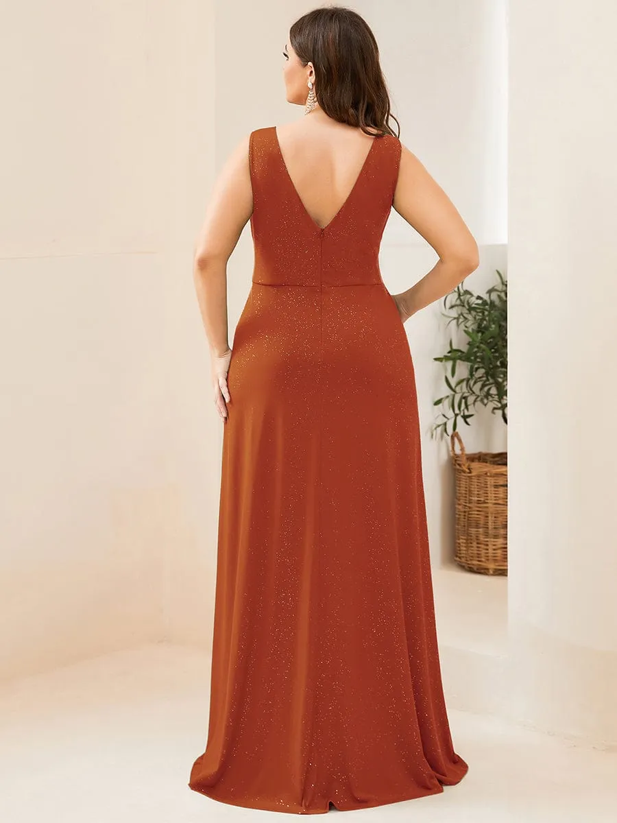 Floor Length V Neck Shiny Evening Dress with Side Slit