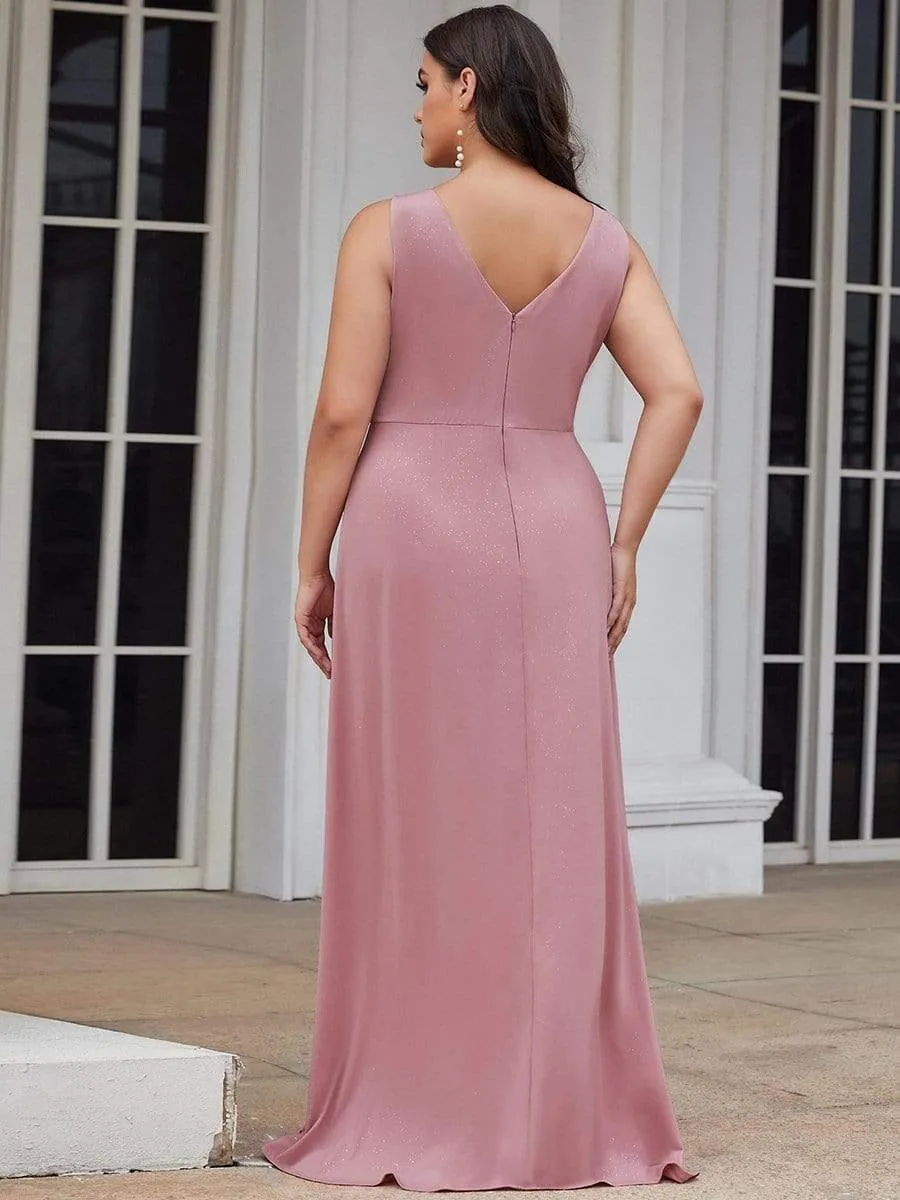 Floor Length V Neck Shiny Evening Dress with Side Slit